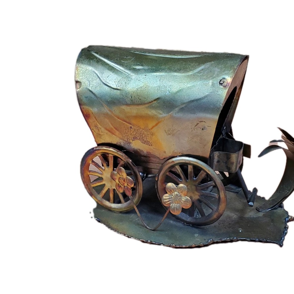 Vintage Wagon Copper Covered Metal Brutalist Sculpture Flower Figure Old West