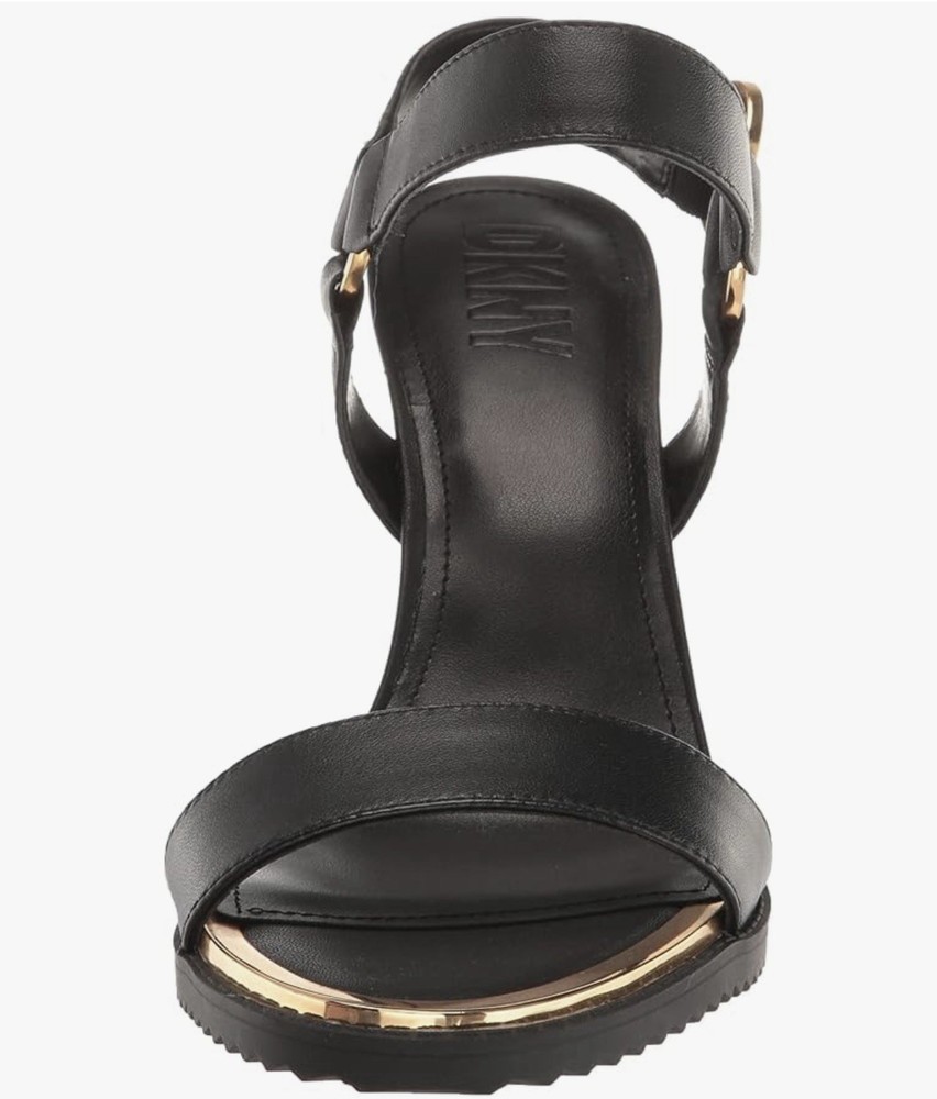 Black leather high heel sandals with gold buckle detail #glamour  DKNY Size 10