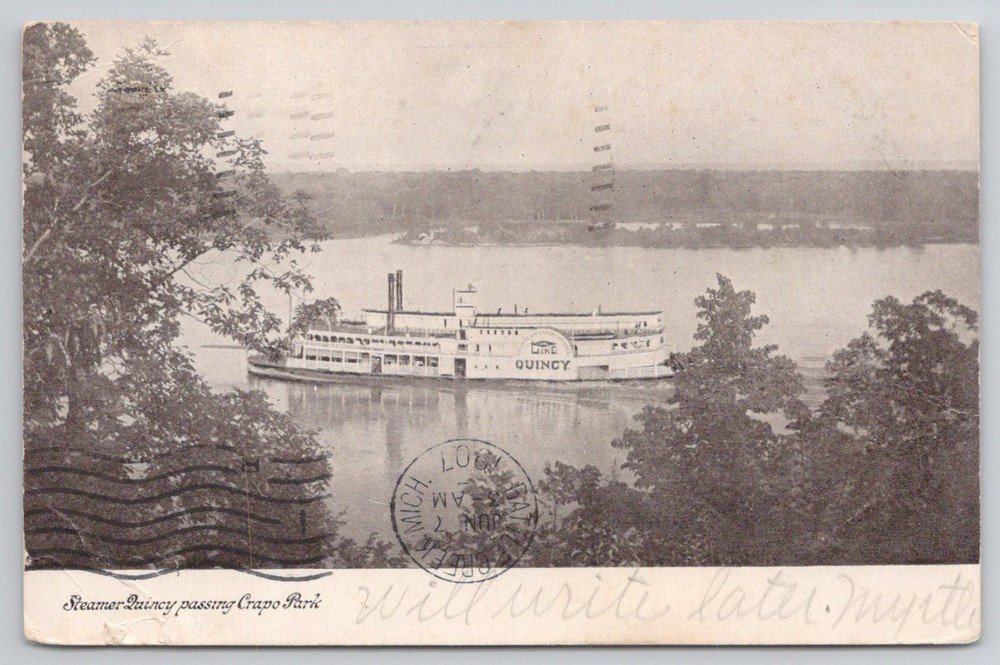 Steamer Quincy Crapo Park Burlington Iowa Postcard 1907 Steamboat