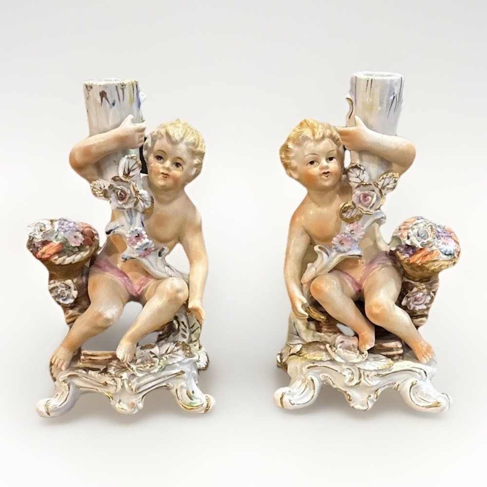 Pair Vintage Porcelain Cherub Candle Holders Floral Gilt Putti Figurals
