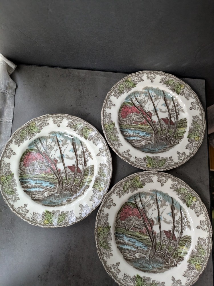 3 Johnson Brothers Friendly Village Salad Plates Willow By the Brook