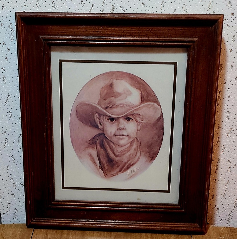 Vel Miller Cowboy Signed Print Vintage Art In Wooden Frame Picture 15 x 13