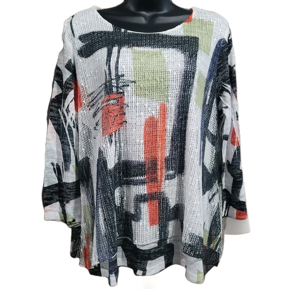 Jess & Jane Boucle Mesh Tunic Top with Burn-Out Lining Sz S Art to Wear Abstract-image