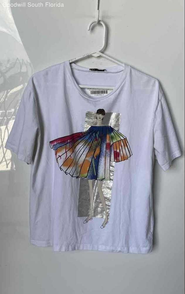 Zara Womens White Graphic Print Short Sleeve Pullover T-Shirt Size Medium