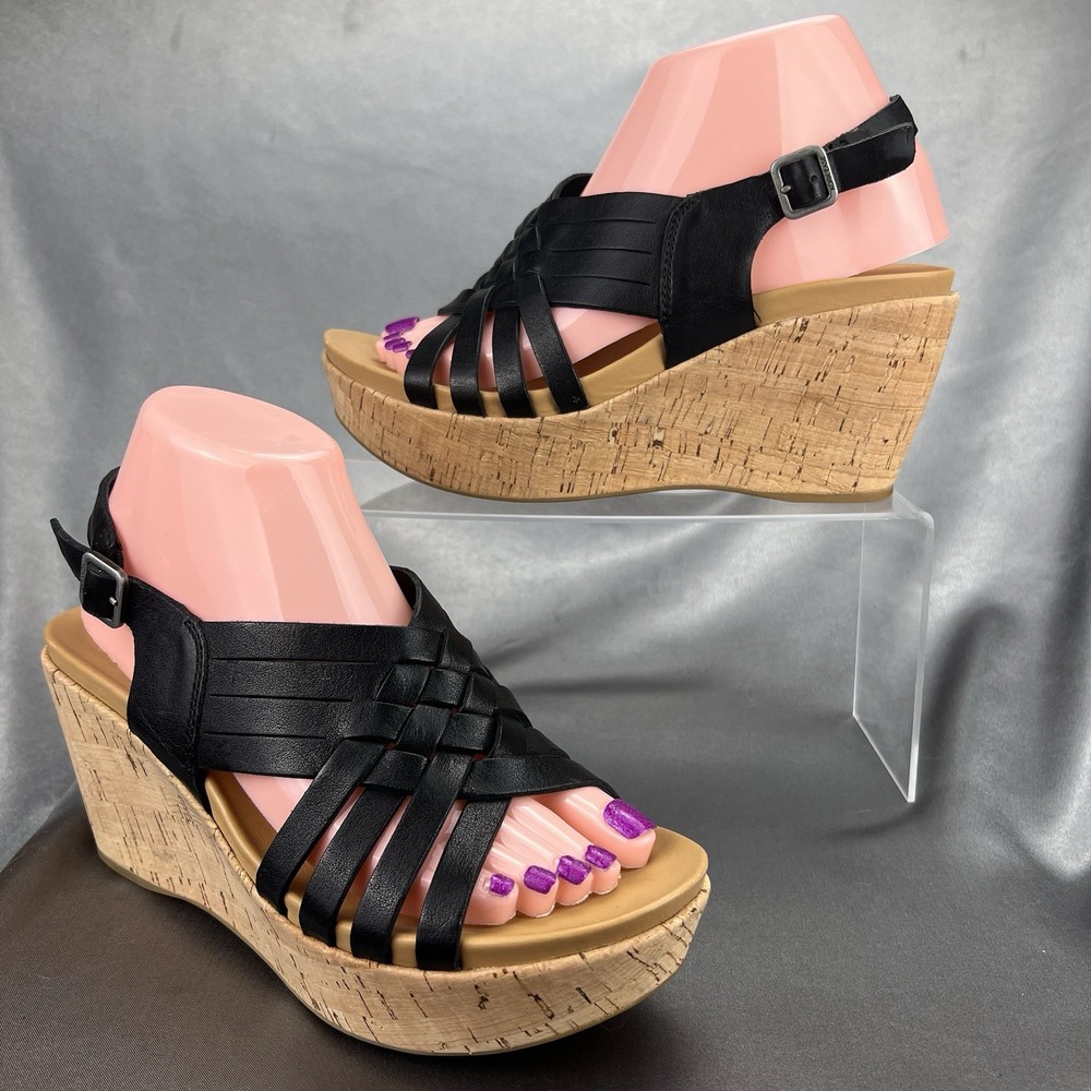 Kork-Ease Adelanto Wedge Sandals Women’s 8 Platform Slingback Black Leather Y2K