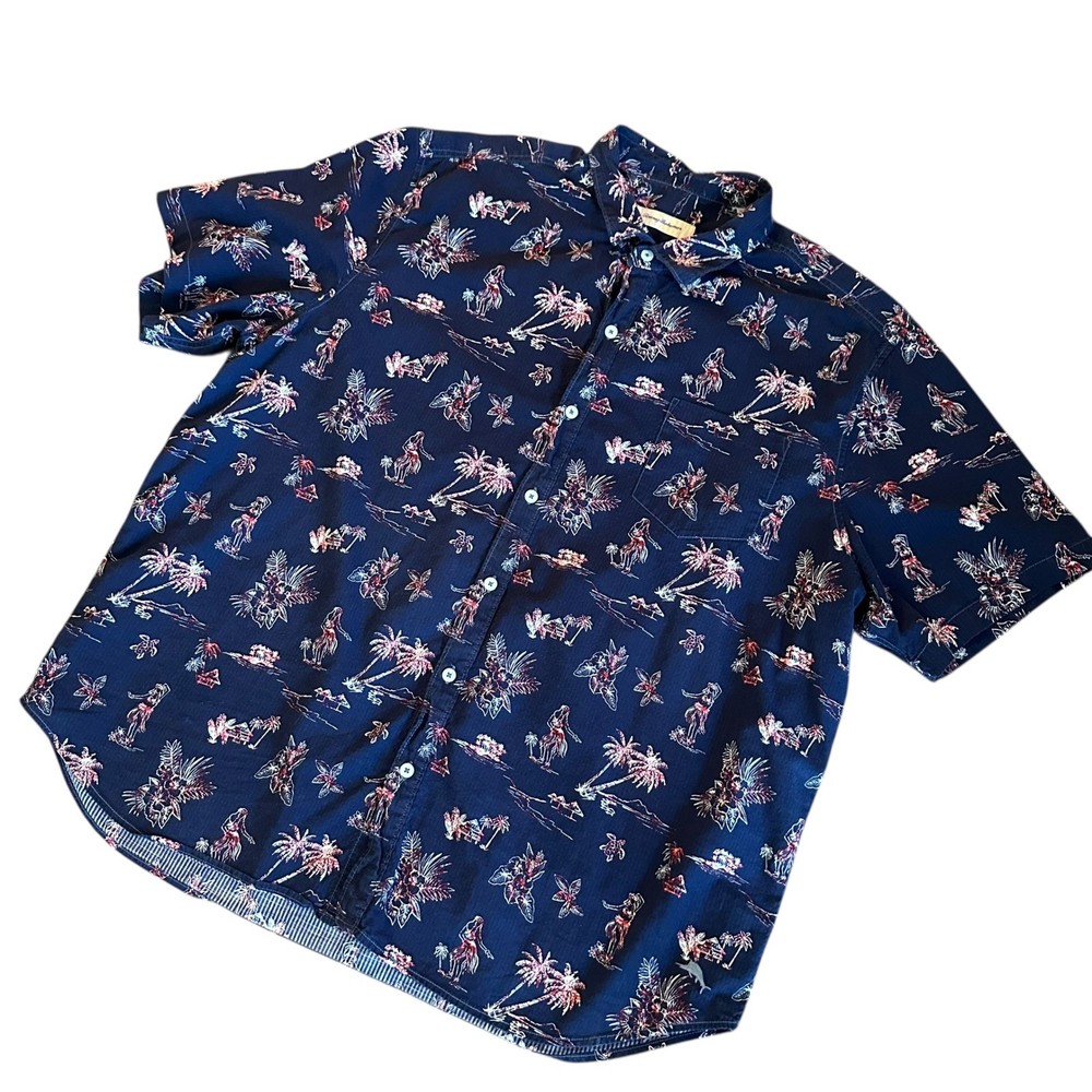 Tommy Bahama Shirt Men's XXXL Blue Hawaiian Hula Girl Palm Tree Short Sleeve