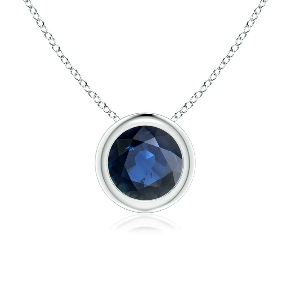 6mm Genuine Blue Sapphire Solitaire Bezel Pendant in Sterling Silver w/chain