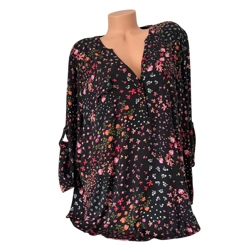 Torrid Women's Harper Black Floral Polka Dot Roll Tab Sleeve Blouse Size 3 3X