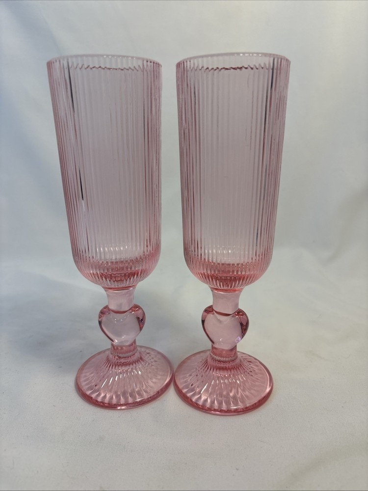 Glass Champagne Target Bullseye Playground PINK Heart Ribbed Set x2