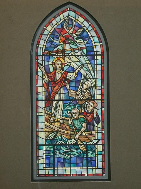 Photo:Stained Glass Design Calming the Sea Jesus Boat Disciples 1900s