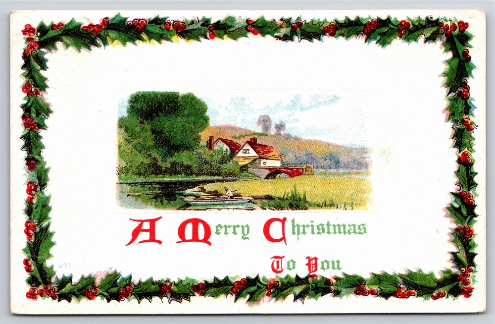 Christmas~Country Landscape~Holly Border~Vintage Postcard