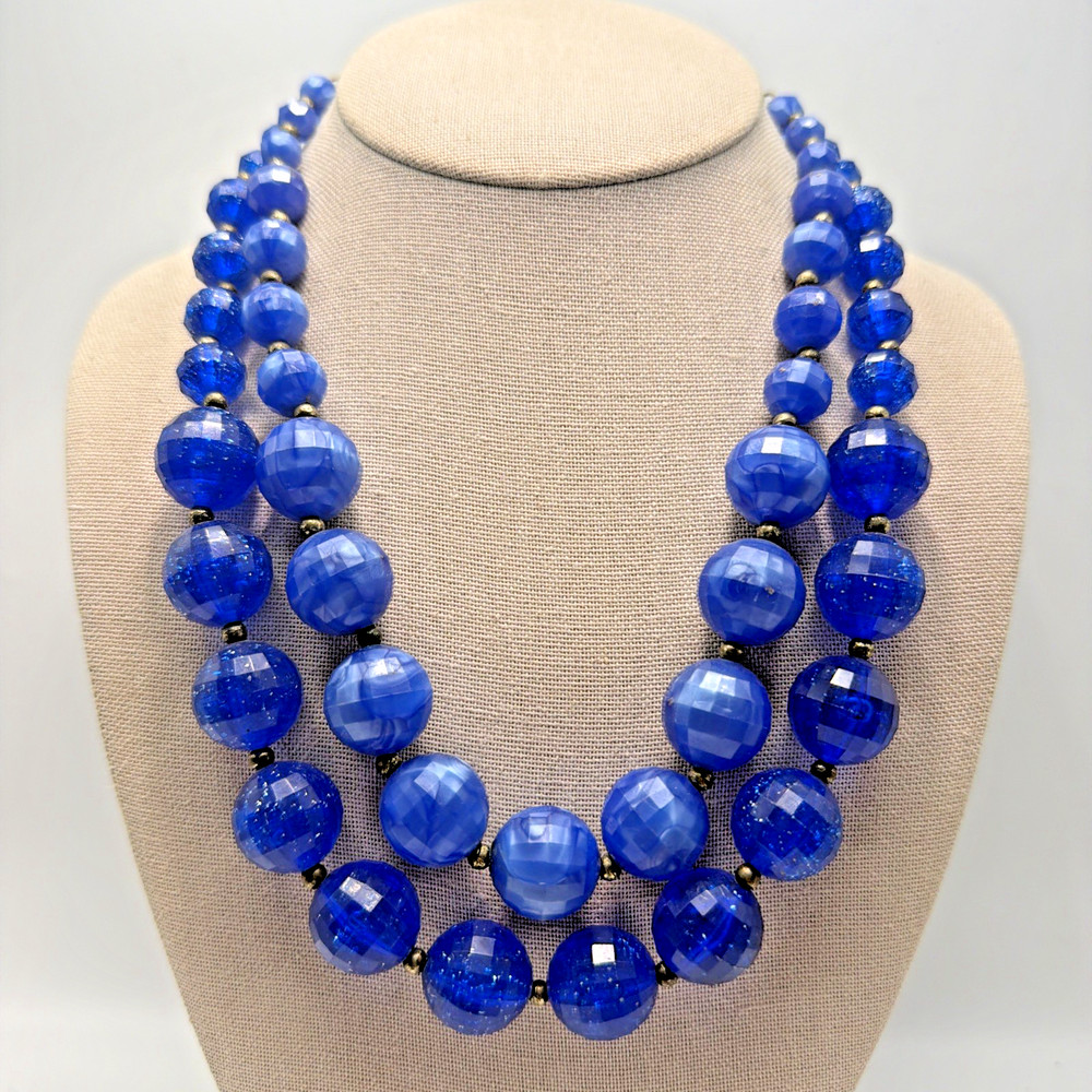 Vintage Blue Faceted Bead Necklace Multi Strand Acrylic Gold Toned Size 19”
