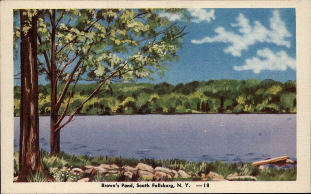 South Fallsburg New York Brown's Pond ~ 1930s linen postcard