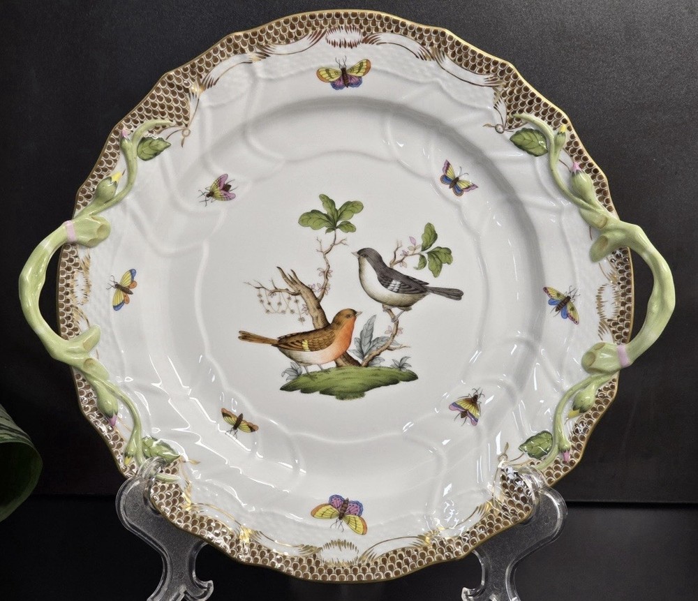 Herend Rothschild Bird Borders Brown Fish Scales  Chop Plate with Handles
