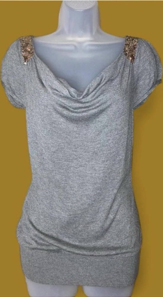 Express Design Studio Womens Gray Solid Cowl Neck Sequin Cap Sleeve Knit Top S
