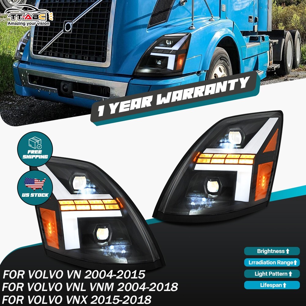 Black Hi/Lo Beam LED Headlights For Volvo VNL VNM 2004-2018 VN 04-15 VNX 15-18