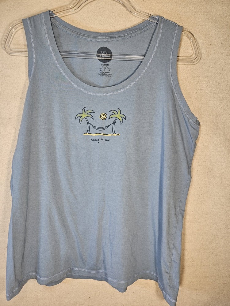 Life Is Good Women's Blue Sleeveless Tank Top Large Hang Time Cotton