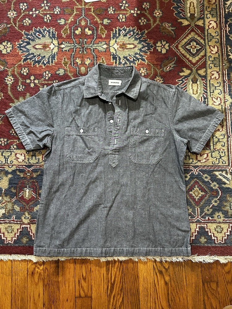 Taylor Stitch Mens Short Sleeve Popover In Charcoal Chambray Size 42 Large EUC
