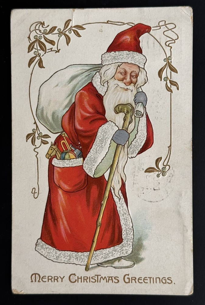 1910s TUCK'S Merry Christmas Postcard SANTA CLAUS In Red Robe / Bag of Toys