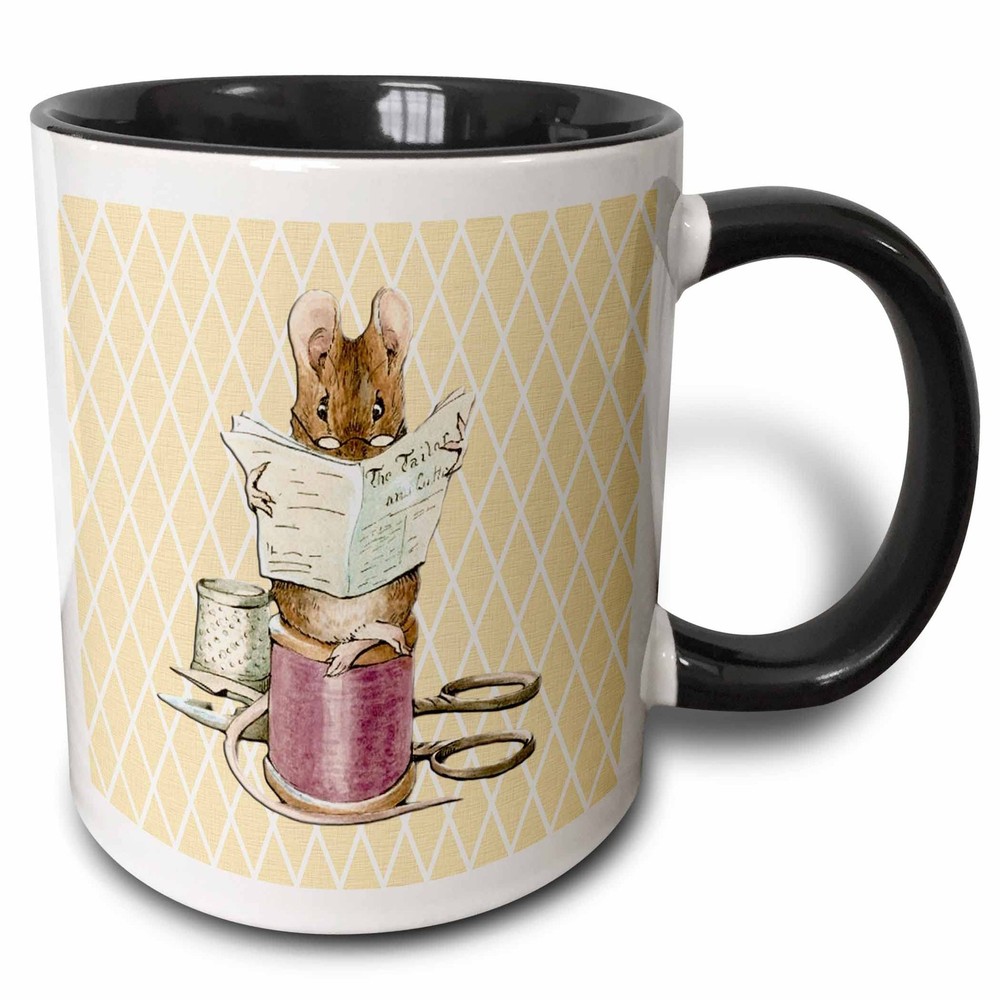 Sewing Mouse Vintage Art Mug – Two Tone Black 11oz Multicolor Animal Coffee Cup