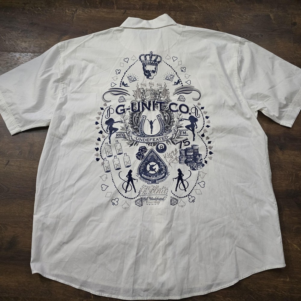 G-Unit Shirt Mens 3XL White Casino Graphic Embroidered Button Up Short Sleeve
