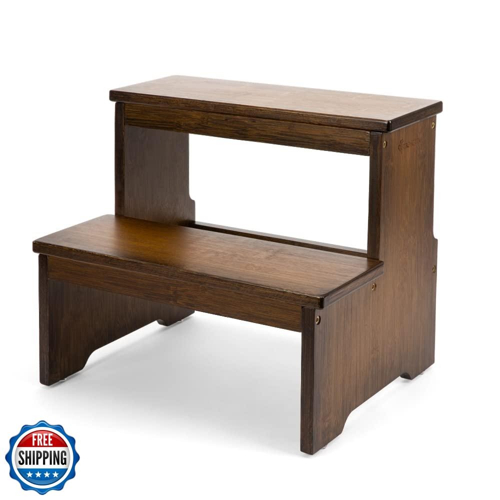 StrongTek Bamboo 2-Step Stool for Adults & Kids - Anti-Slip Bed Step Stool