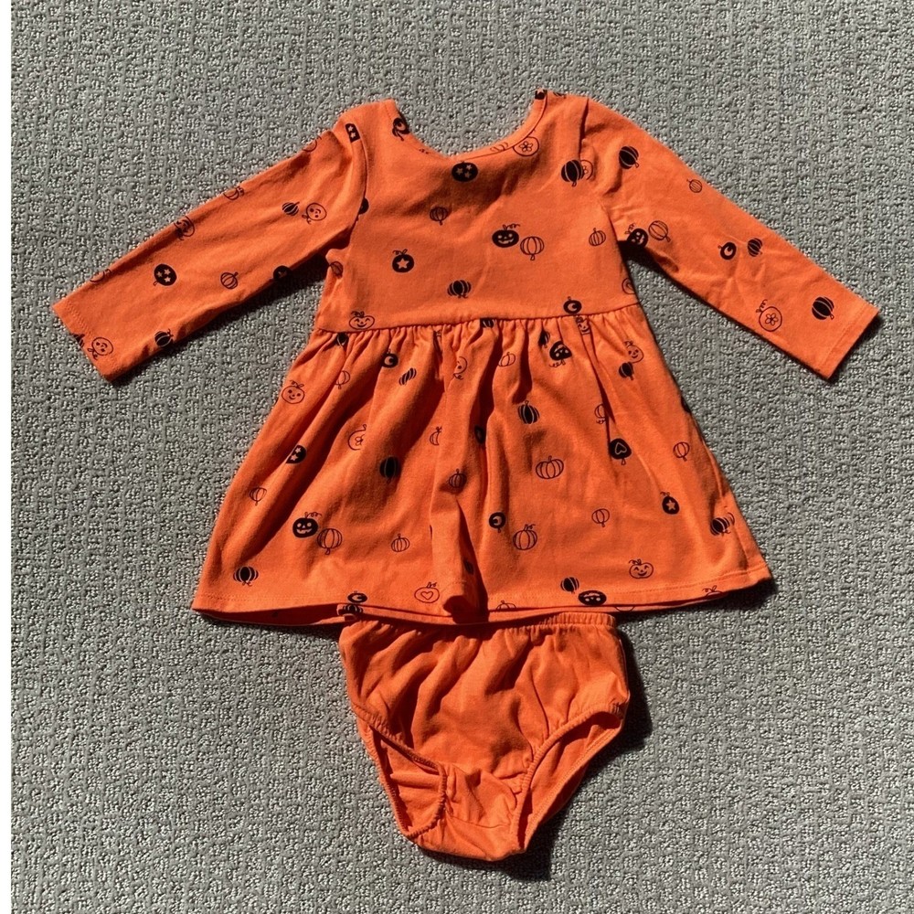 Baby Girl Orange Pumpkin Long Sleeve Dress Bloomer Set Halloween Outfit