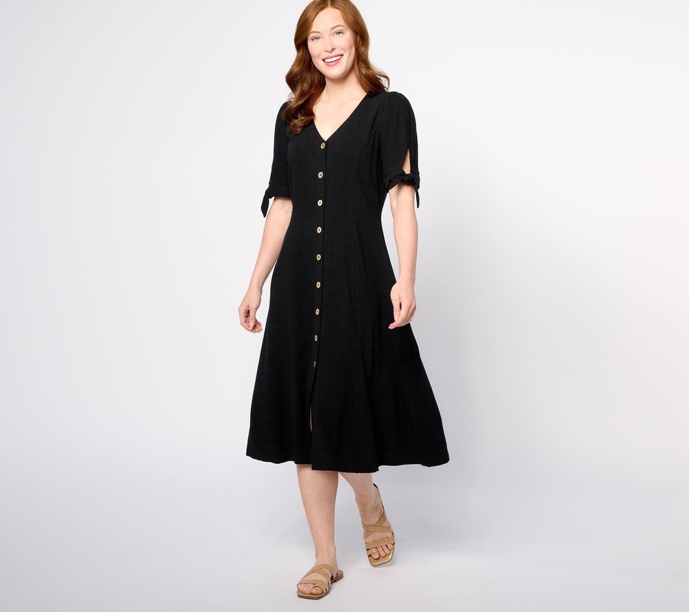 Susan Graver Women's Dress Sz L PURE Linen Blend Tie Sleeve Midi Black A644522