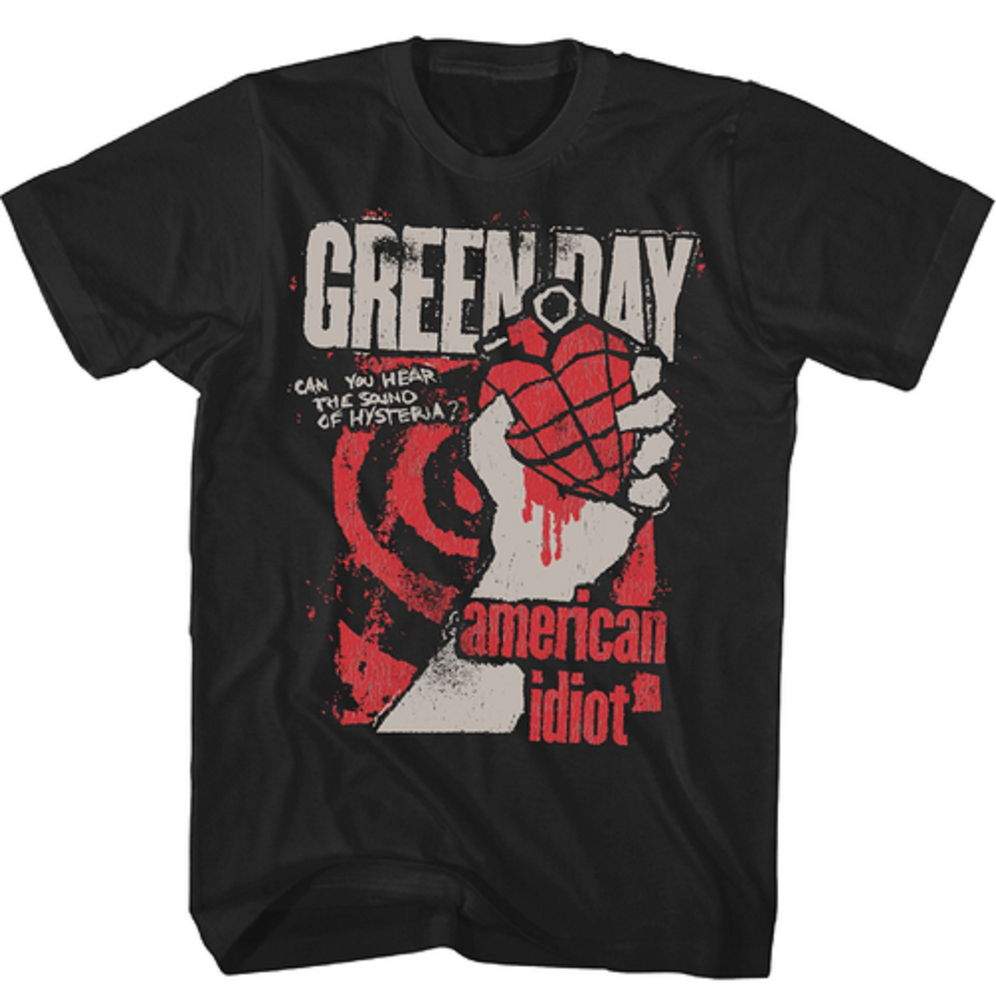Green Day American Idiot tee, Hysteria graphic t-shirt, men's black band shirt