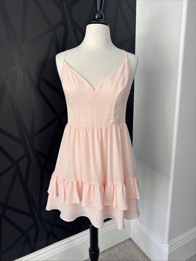 Bebe Women's Pink Spaghetti Straps Short Dress Back Lace Size 6