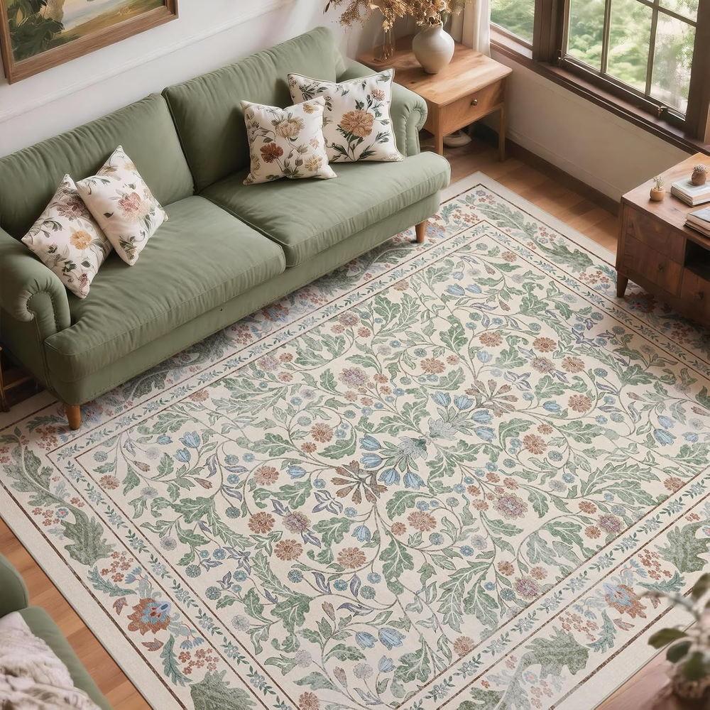 Beige Floral 8X10 Area Rugs for Living Room Large Washable Rug Vintage Forest Lo
