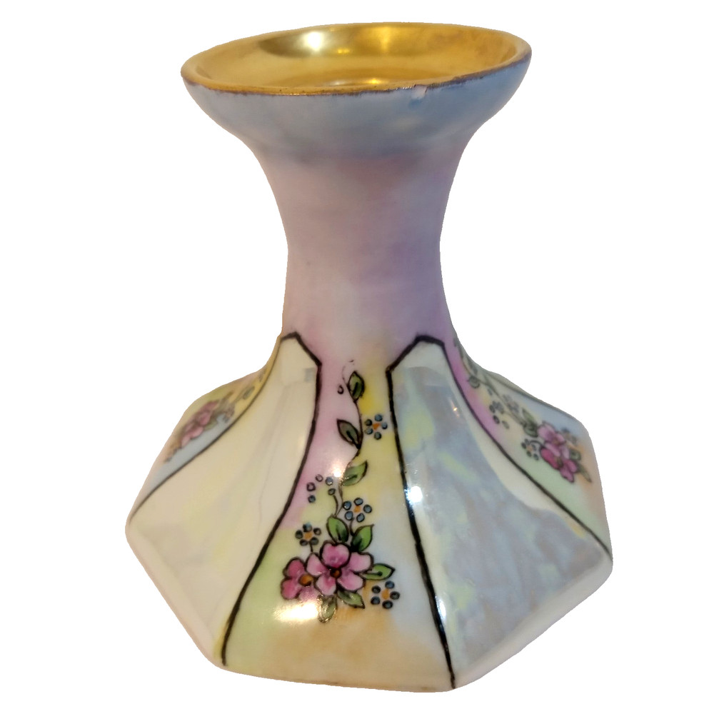 Candlestick Holder Porcelain Pink Purple Lavender Gold Made In Germany Floral