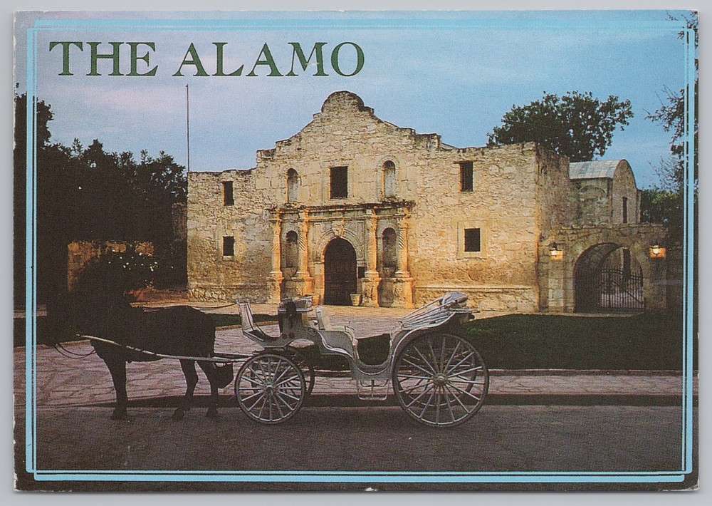 San Antonio Texas~Alamo @ Dusk~Horse & Carriage in Front~Continental Postcard