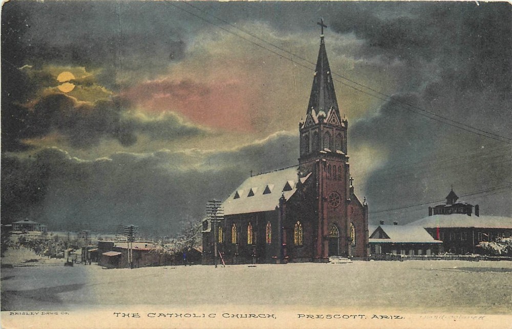 c1910 Prescott Arizona Catholic Church Brisley Drug postcard 26-1512