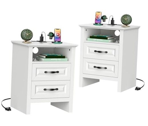 White Rustic Nightstand Set of 2 with Built-in Charging Station