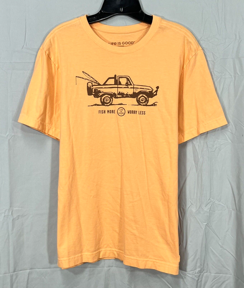 LIFE IS GOOD Men's PEACH Jersey Knit FISH MORE-WORRY LESS Crusher Tee T-SHIRT M