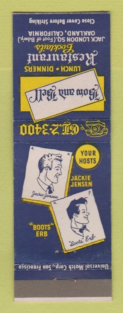 Matchbook Cover - Bow and Bell Restaurant Oakland CA