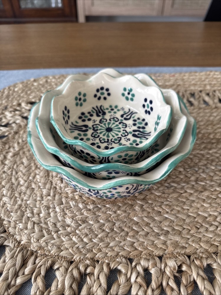 Hand Painted Turkish Nesting Bowls Set of 3 Made In Turkey Blue Teal White 6”