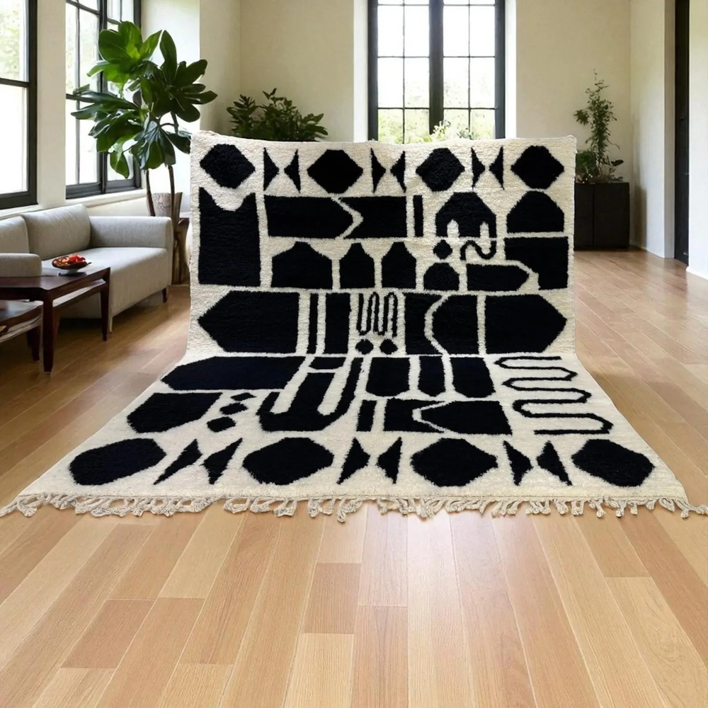 Handwoven Moroccan Berber Wool Rug Color Black White Handmade Design Carpet Rug