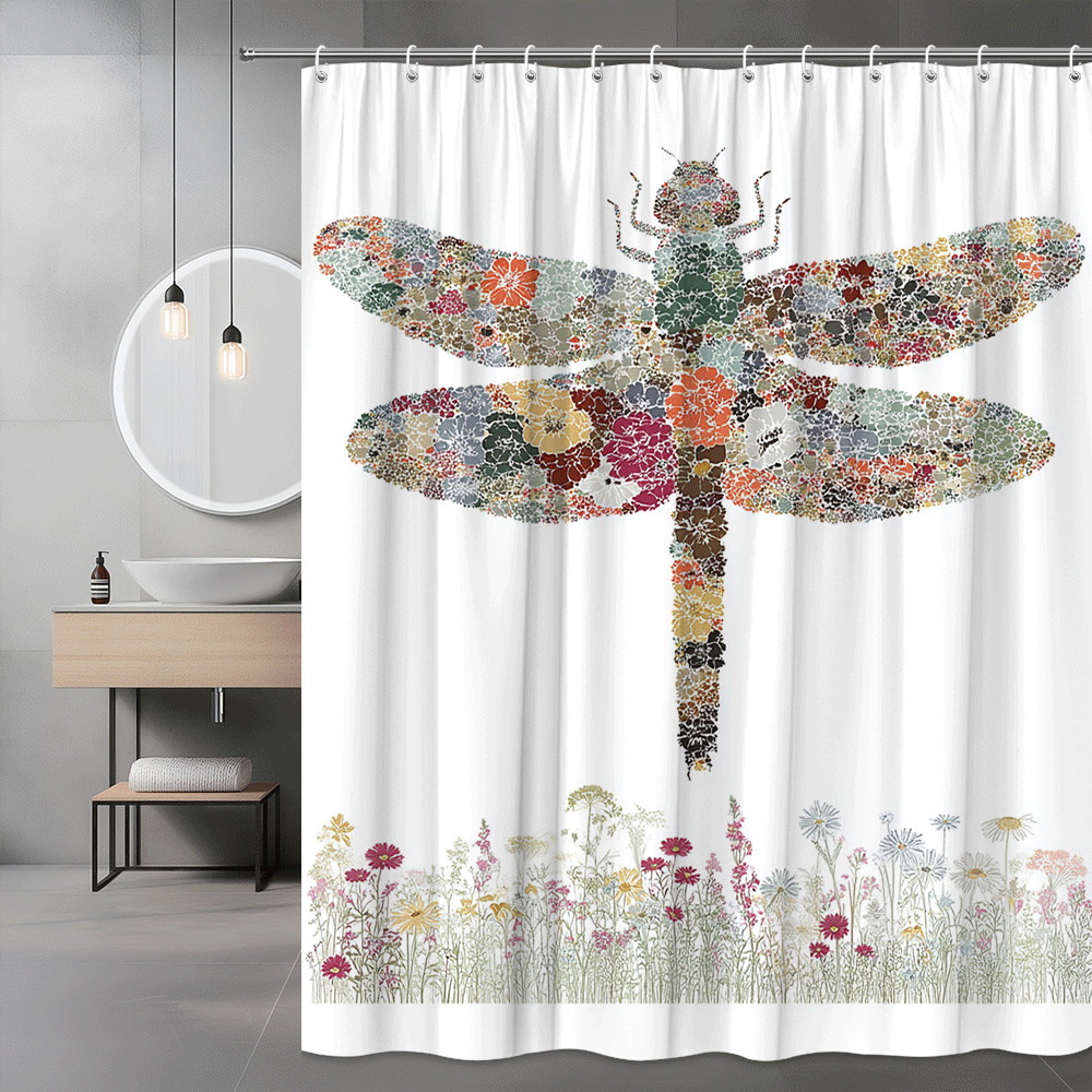 Dragonfly Floral Shower Curtain, Colorful Garden Print