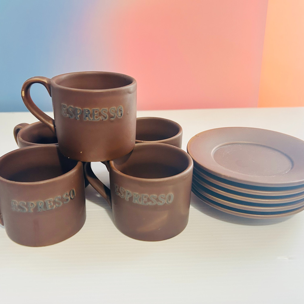 Vintage Brown Espresso Demitasse Cups & Saucers Set of 5 Rustic Style