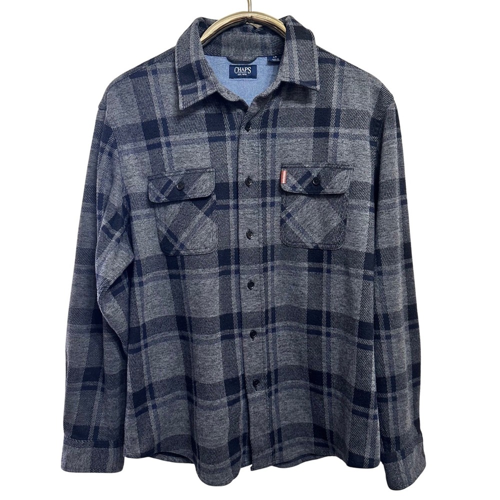 Chaps Mens Flannel Shirt L Gray Black Plaid Long Sleeve Button Up Casual Large