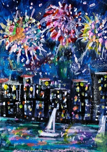 ACEO Original Painting FIREWORKS Summer CITY Buildings Ocean Boats Lights ART