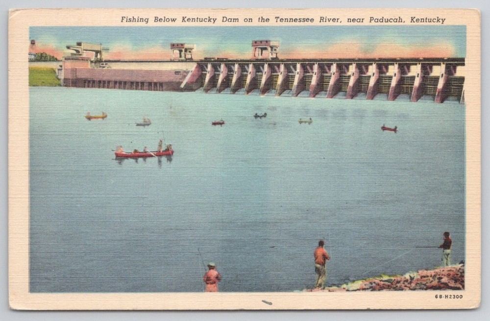 Vintage KENTUCKY DAM Fishing Tennessee River Paducah CURTEICH Linen Postcard