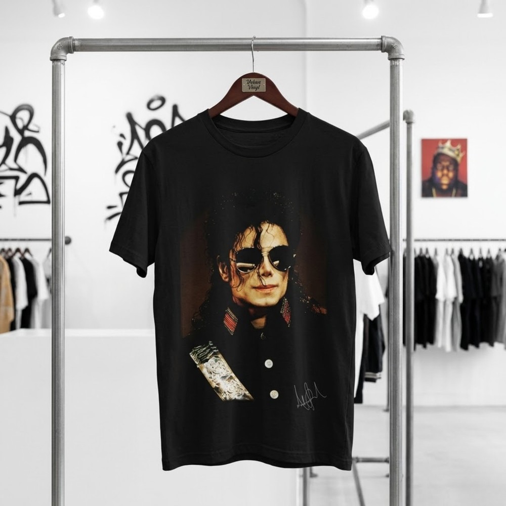 Michael Jackson Shirt Aviator Sunglasses Military Jacket Portrait Black Tee