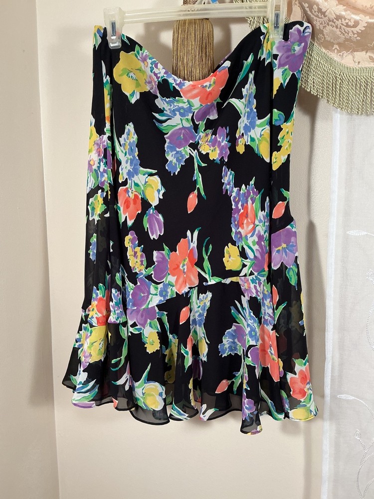 Chaps Ralph Lauren Black Floral Skirt With Ruffled Flounce Sz L Lined Easy Fit