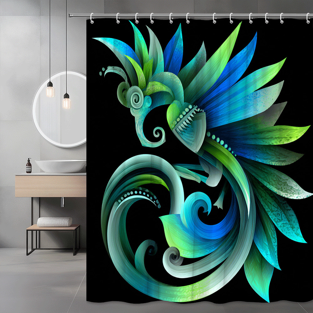Abstract Floral Shower Curtain Black Blue Green Boho Decor