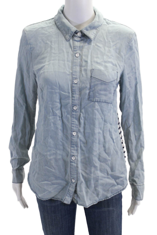 Splendid Womens Buttoned High Neck Blouse Blue Size SFree Shipping in US $100+ Orders | $6.95 Orders Below