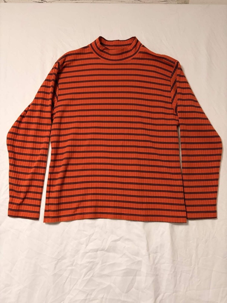 Vintage 90s Mountain Lake Shirt Womens L Orange Black Striped Ribbed Knit Preppy