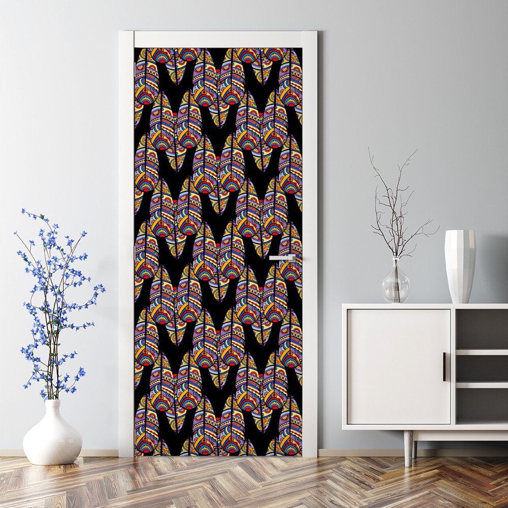 Colorful purple and yellow tribal art adhesive door decal traditional design